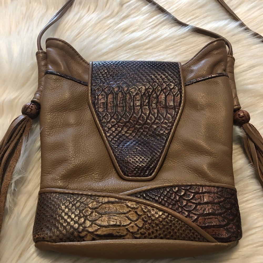 D’Onofrio brown and tan leather crossbody handbag purse